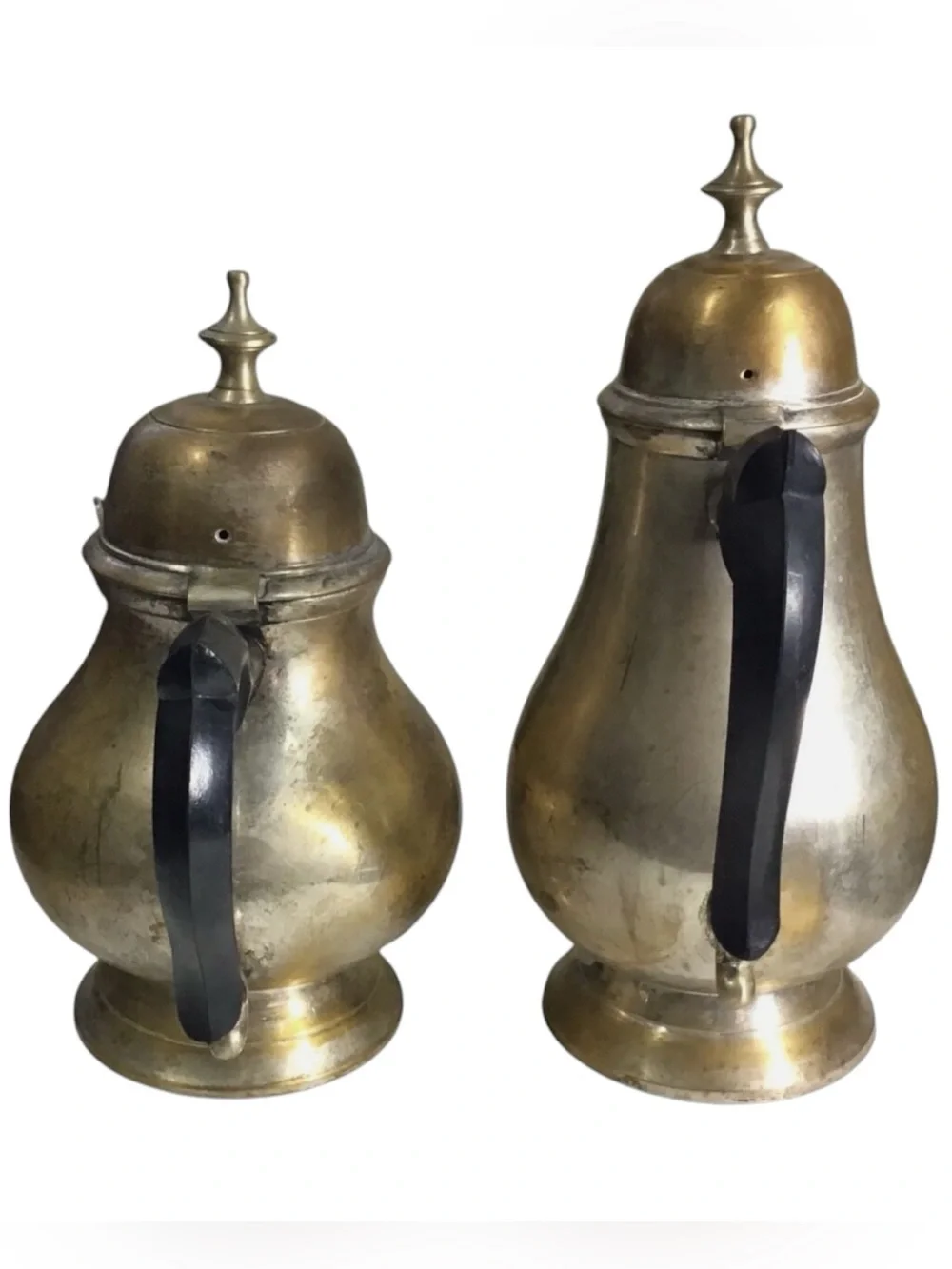 Vintage EPNS Coffee Tea Pot Pair Brass Tone 8.5” 10” Black Handles India